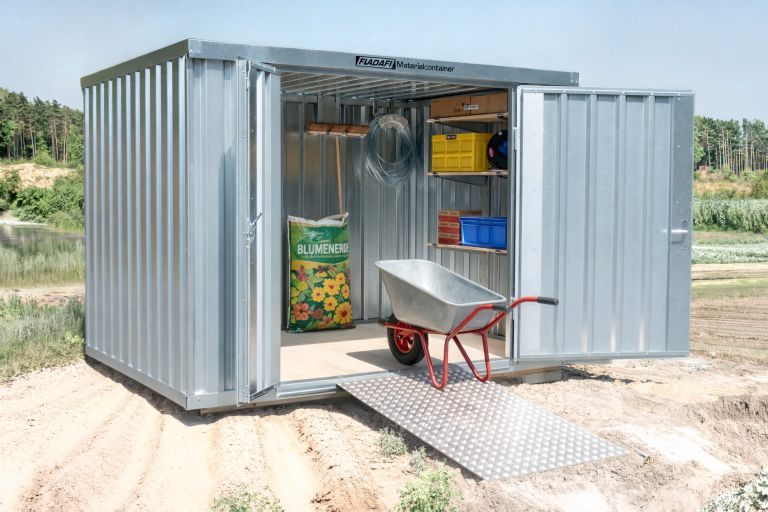 Verzinkter Gartencontainer von FLADAFI® mit Auffangrampe und praktischen Ordnungshelfern